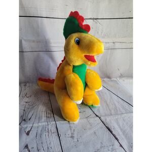 Vintage Yellow Green Red Dinosaur Plush Stuffed Animal B J Toys 13 Inches
